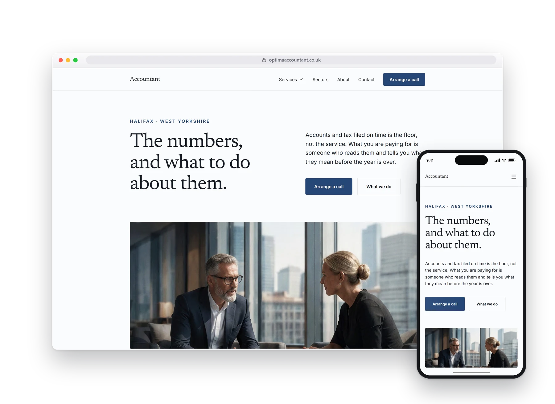 The homepage of the Optima accountants build, on a desktop browser with a phone beside it