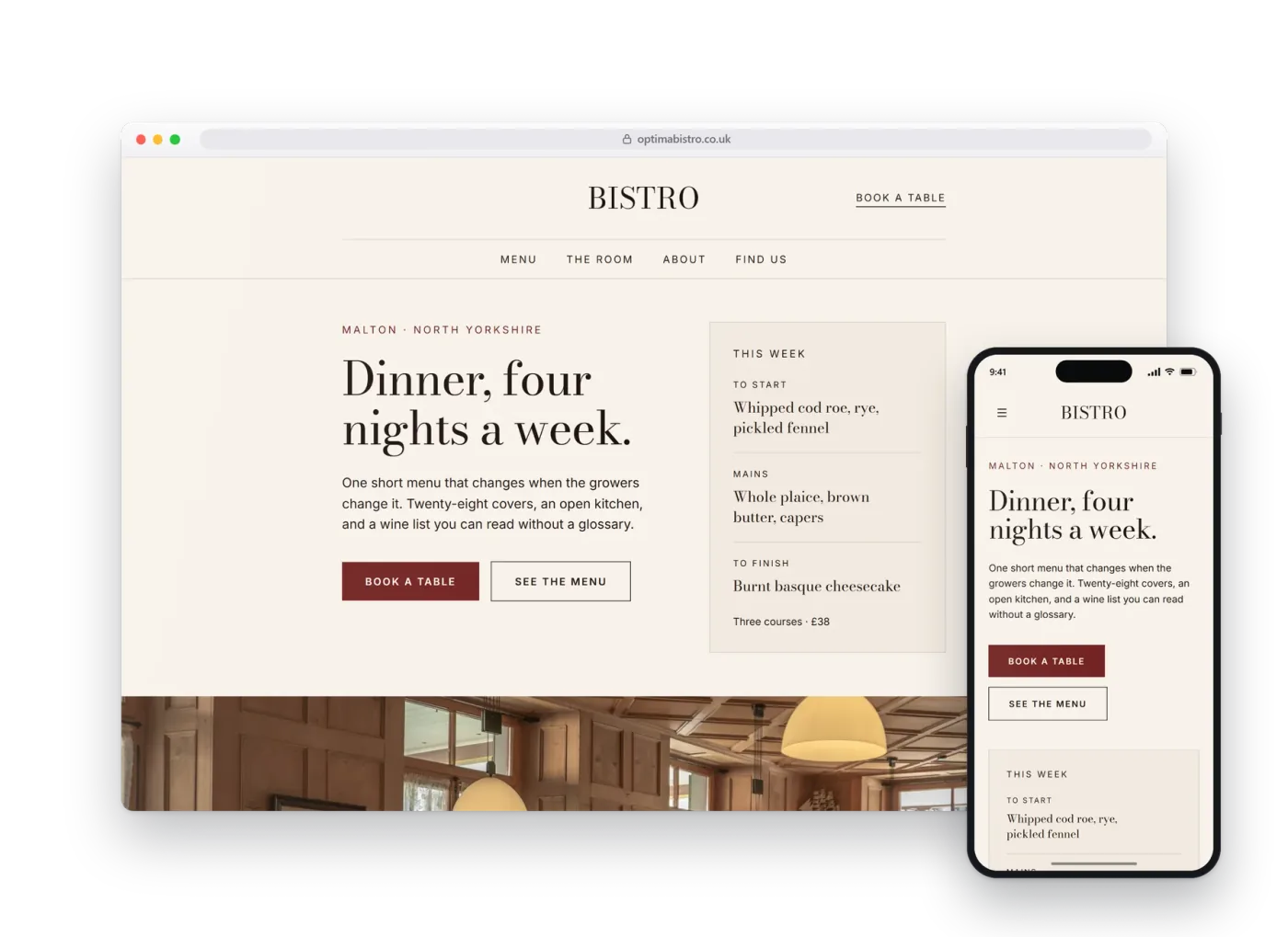 The Optima preview build for restaurants, shown on a desktop browser and a phone