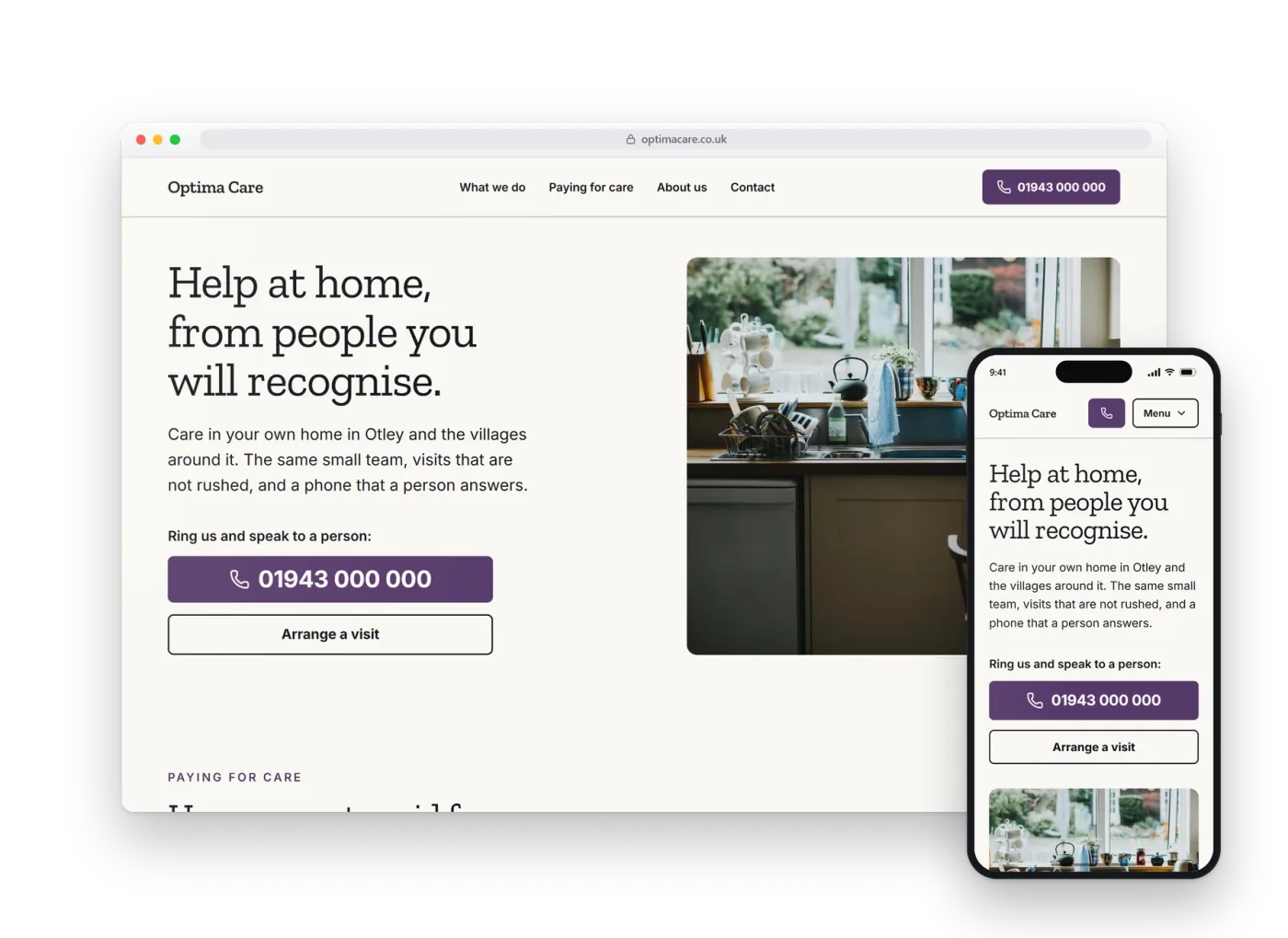 The Optima preview build for care at home, shown on a desktop browser and a phone