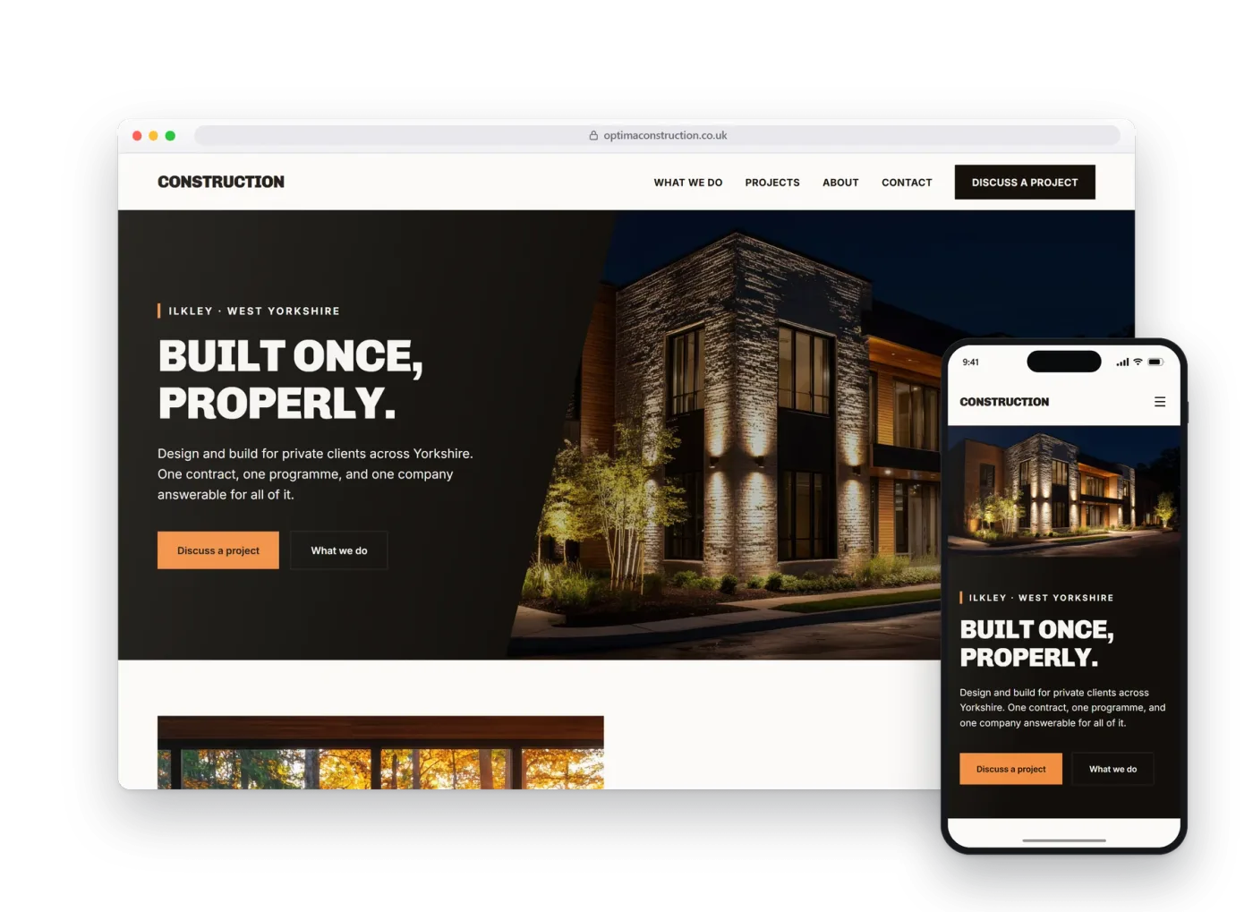 The Optima preview build for construction, shown on a desktop browser and a phone