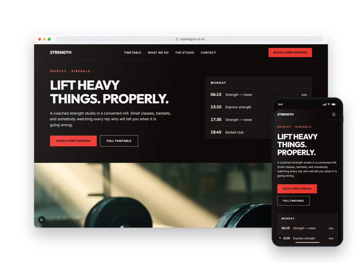The Optima preview build for gyms, shown on a desktop browser and a phone