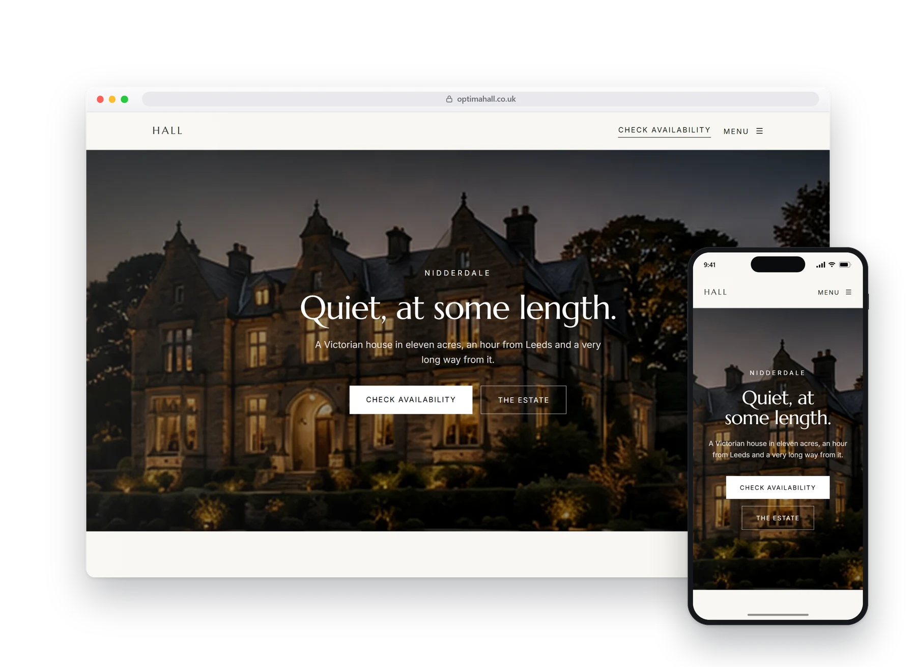 The homepage of the Optima venues & halls build, on a desktop browser with a phone beside it