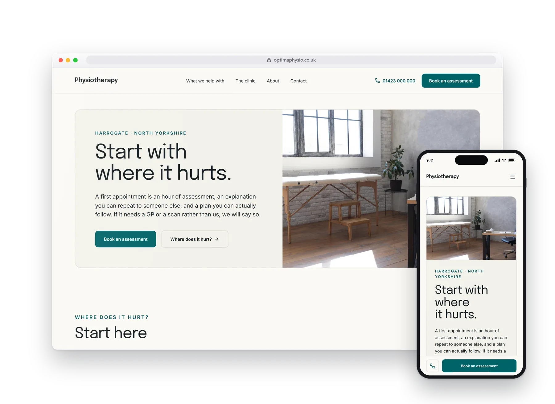 The homepage of the Optima physiotherapy build, on a desktop browser with a phone beside it