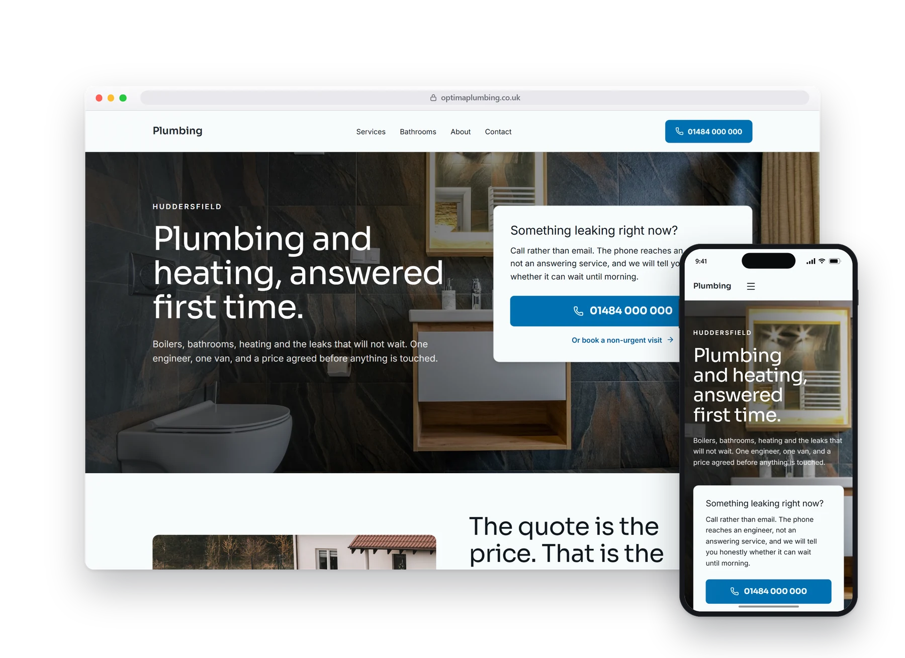 The homepage of the Optima plumbing & heating build, on a desktop browser with a phone beside it