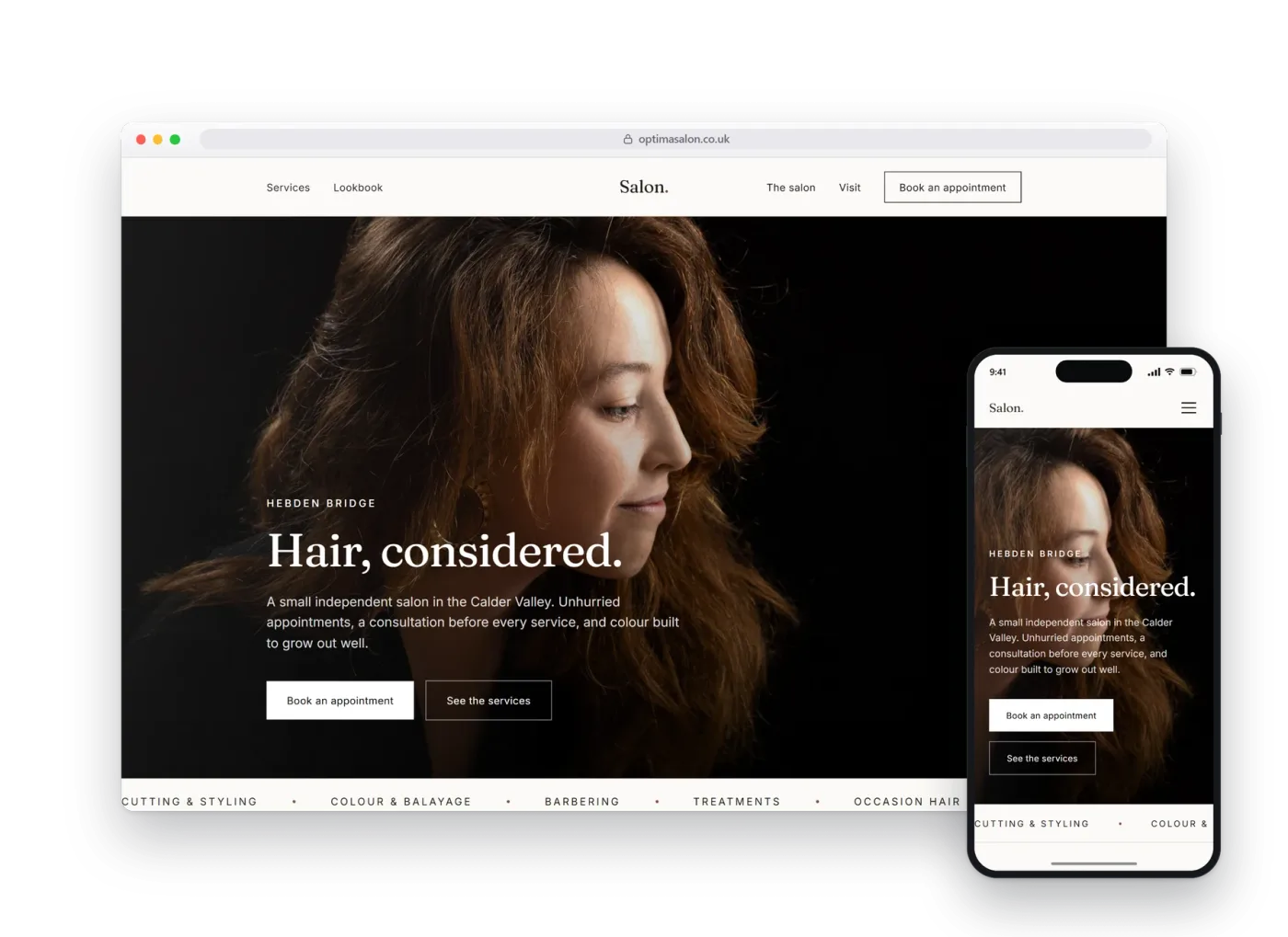 The Optima preview build for salons, shown on a desktop browser and a phone