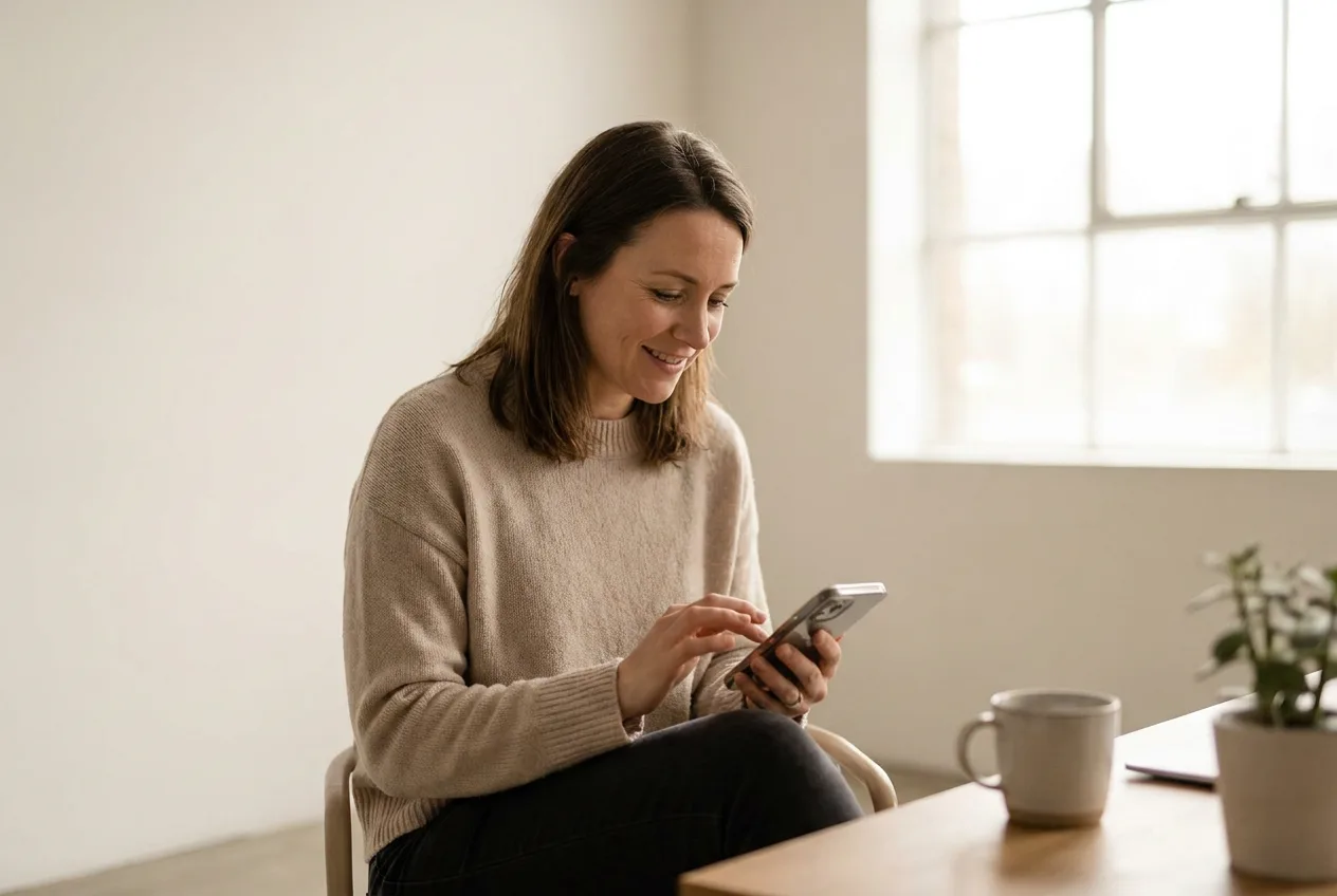 A small business owner sending Optima a message from her phone