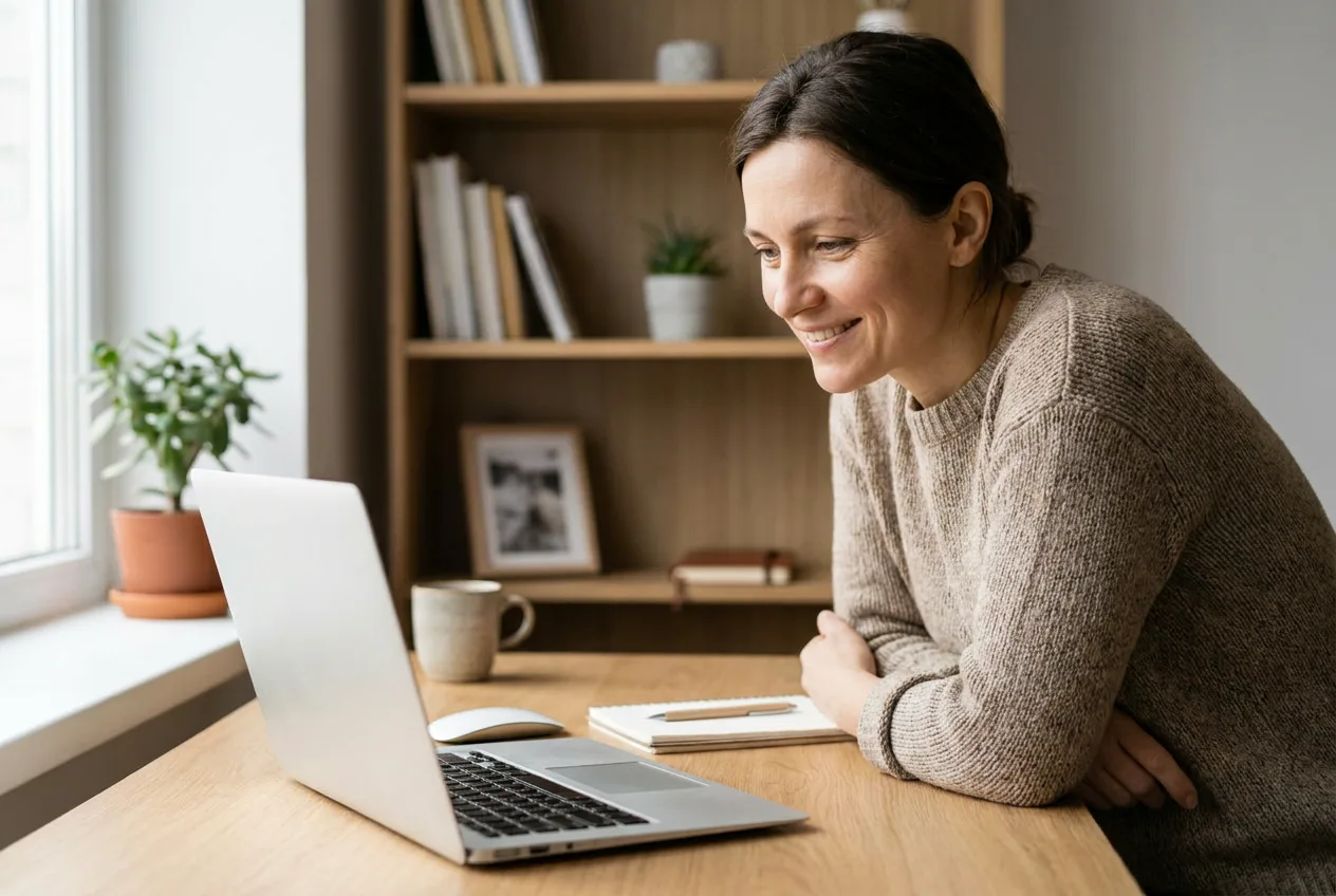 A small business owner at her desk, starting her free website preview request on a laptop
