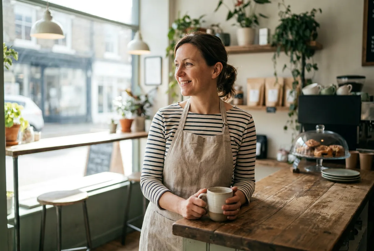 A cafe owner behind the counter of her open shop, business carrying on as usual